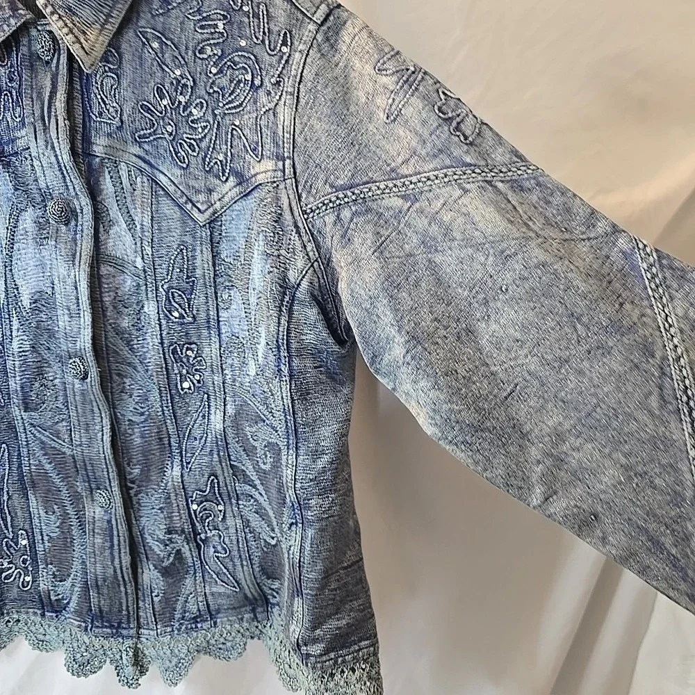 Vintage Flashback Jacket Metallic Blue Floral Detail Lace Embroidered Sequins XL